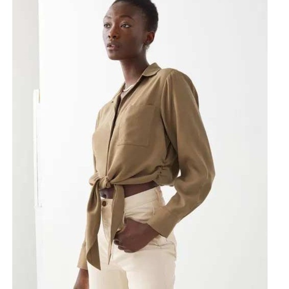 NWT & Other Stories Relaxed‎ Front Tie Top Blouse Lyocell US 2 Tan Brown Casual